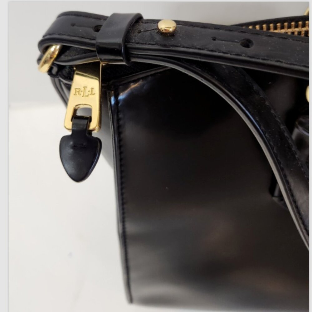 LRL RALPH LAUREN GLAZED LEATHER SATCHEL HAND BAG with GOLD Logo HARDWARE - Picture 6 of 16